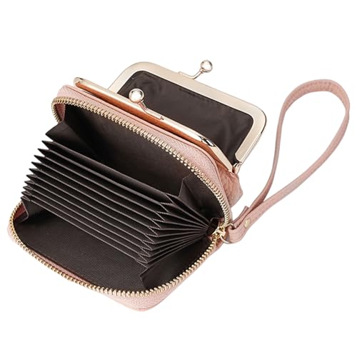 Karoukee Kleine Echtleder Geldbörse für Damen, 2-in-1 RFID-blockender Kartenhalter & Münzbeutel mit Kiss-Lock-Verschluss, Kompakt Portemonnaie mit Abnehmbare Handschlaufe(Rosa) von Karoukee