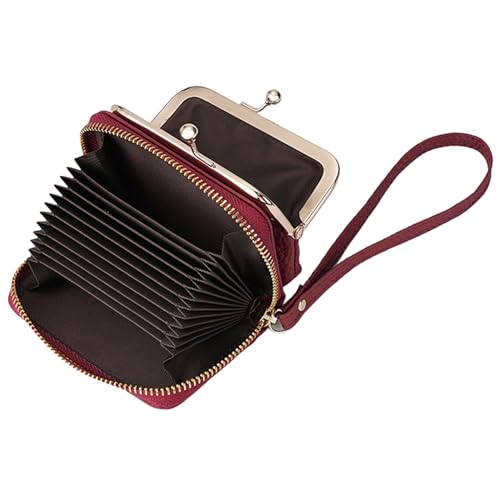 Karoukee Kleine Echtleder Geldbörse für Damen, 2-in-1 RFID-blockender Kartenhalter & Münzbeutel mit Kiss-Lock-Verschluss, Kompakt Portemonnaie mit Abnehmbare Handschlaufe(Rot) von Karoukee