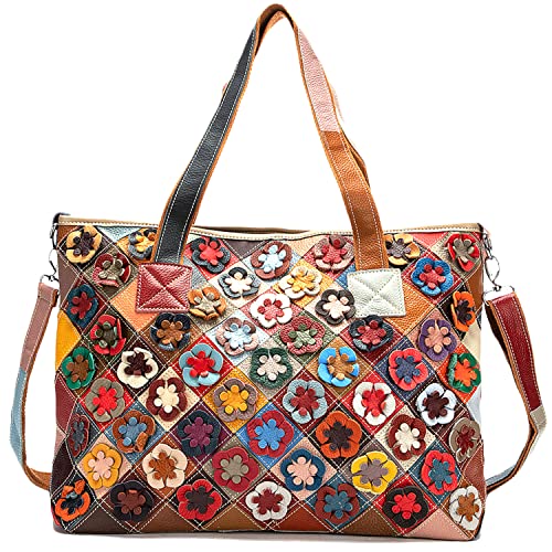 Karoukee Bunte Damen Handtasche, Stilvolle Echtleder Hobo Henkeltasche, Laptop Tote Bag Tasche mit Patchwork Design, Große Umhängetasche Schultertasche für Frauen von Karoukee