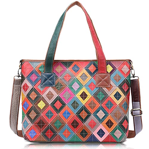 Karoukee Bunte Damen Handtasche, Stilvolle Echtleder Hobo Henkeltasche, Laptop Tote Bag Tasche mit Patchwork Design, Große Umhängetasche Schultertasche für Frauen von Karoukee