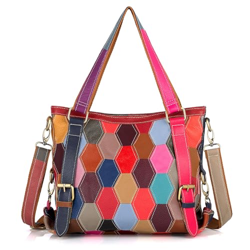 Karoukee Bunte Echtleder Tote Tasche für Frauen, Stilvolle Patchwork Damen Schultertasche, Modische Große Umhängetasche, Schön Henkeltasche mit Verstellbarer Riemen von Karoukee