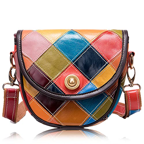 Karoukee Bunte Patchwork Ölleder Umhängetasche für Frauen, Stilvolle Kleine Handy Sattel Schultertasche, Damen Elegante Handtasche, Handytache Crossbody Bag mit Verstellbarer Riemen von Karoukee