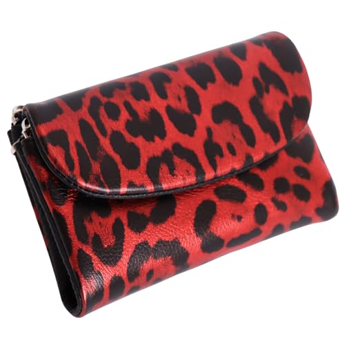 Karoukee Chic Leopardenmuster Dreifach-Portemonnaie für Damen, Echtes Leder Kompakte Münzbörse für Frauen, RFID-blockierende Kreditkartenhalter, 10 Kartenfächer & 2 Reißverschlussfächer - Rot von Karoukee