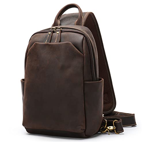 Karoukee Classic Vollnarbenleder Sling-Rucksack für Herren, Lässige Sling Tasche, Reise Umhängetasche, Herren Schultertaschen, Vintage Brusttasche, Tagesrucksack für 10,5 Zoll Tablette von Karoukee