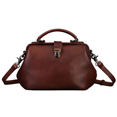 Karoukee Damen Echt Leder Handtasche, Klassische Uni Farbe Schultertasche für Frauen, Arzt Stil Henkeltasche, Kleine Umhängetasche, Schnallenverschluss, Kaffee von Karoukee