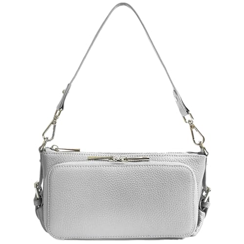 Karoukee Damen Echtem Rindsleder Kleine Umhängetasche, Multifunktionale Schultertasche, 2-in-1-Geldbörse mit 10 Kartenfächern | Reißverschluss-Münzfach | 2 Abnehmbare Trageriemen - Sliver von Karoukee
