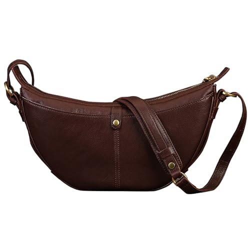 Karoukee Damen Echtes Leder Schultertasche, Stilvolle Kuh Ecke Umhängetasche in Uni-Farbe, Lässige Kleine Handtasche für Frauen, Reißverschluss & Snap Verschluss, Kaffee von Karoukee