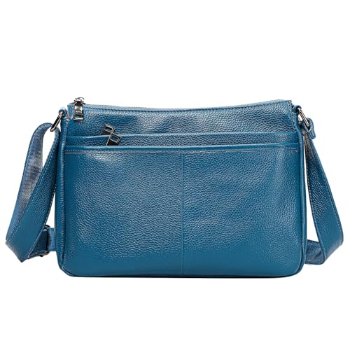 Karoukee Damen Echtleder Schultertasche in Mittelgröße - Konturfreundliche Umhängetasche mit Verstellbarem Schulterriemen - Inkl. 4 separaten Taschen - Passend für 11 Zoll Tablet - Blau von Karoukee