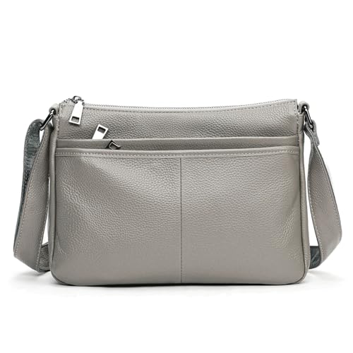 Karoukee Damen Echtleder Schultertasche in Mittelgröße - Konturfreundliche Umhängetasche mit Verstellbarem Schulterriemen - Inkl. 4 separaten Taschen - Passend für 11 Zoll Tablet - Grau von Karoukee