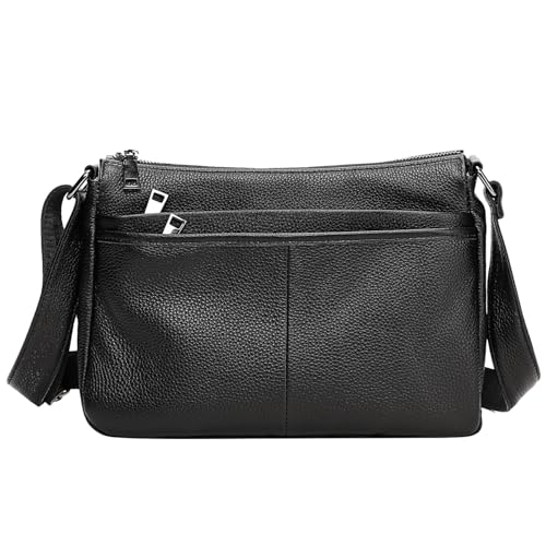 Karoukee Damen Echtleder Schultertasche in Mittelgröße - Konturfreundliche Umhängetasche mit Verstellbarem Schulterriemen - Inkl. 4 separaten Taschen - Passend für 11 Zoll Tablet - Schwarz von Karoukee