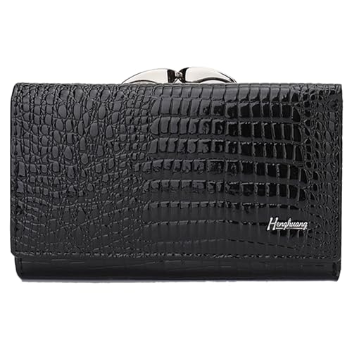 Karoukee Damen Echtleder Trifold Geldbörse, Kompakte Portemonnaie mit Krokodilprägung, RFID-blockierendem Kartenfach, 8 Kartensteckplätze | Ausweisfenster | Kussverschluss-Münzfach - Schwarz von Karoukee