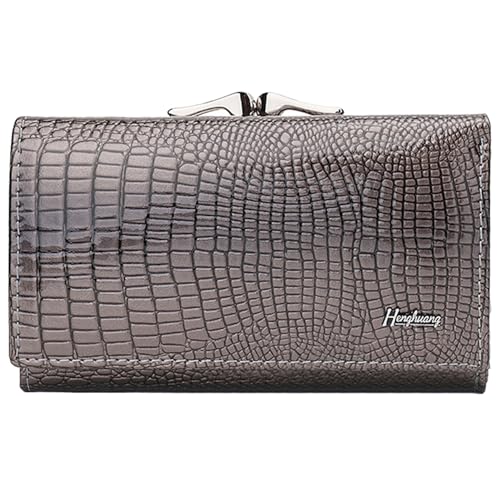 Karoukee Damen Echtleder Trifold Geldbörse, Kompakte Portemonnaie mit Krokodilprägung, RFID-blockierendem Kartenfach, 8 Kartensteckplätze | Ausweisfenster | Kussverschluss-Münzfach - Sliver von Karoukee