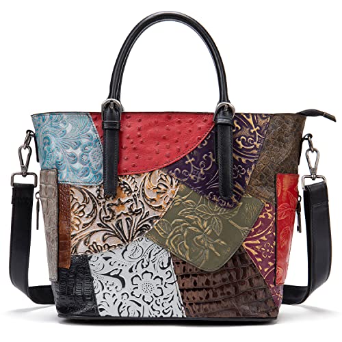 Karoukee Damen Geprägte Leder Handtasche, Vintage Umhängetasche Mittlere Schultertasche, Retro Patchwork Top-Griff Henkeltasche Tote Bag, Elegante Crossbody Satchel Tasche von Karoukee