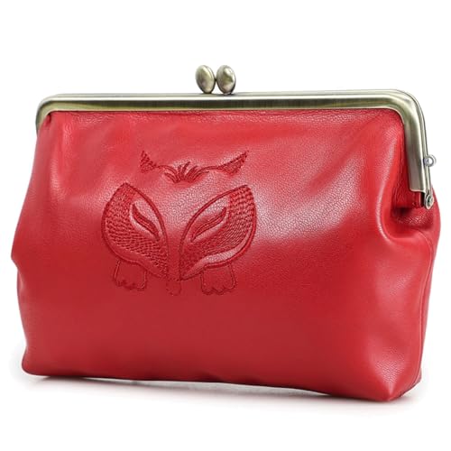 Karoukee Damen Große Kapazität Portemonnaie - Echte Ziegenleder Geldbörse mit 12+ Kartenfächern & Kussverschluss - Elegante Handtasche für Handy bis 17 cm (6,7") - Wassermelone Rot von Karoukee
