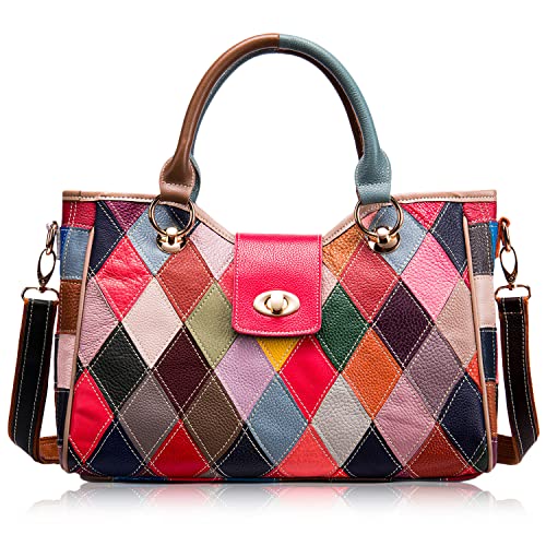 Karoukee Damen Handtasche mit Buntem Patchwork Design, Stilvolle Leder Umhängetasche, Mode Schultertasche mit Verstellbarem Riemen, Top-Griff Henkeltasche Tote Bag Geldbörse für Frauen von Karoukee