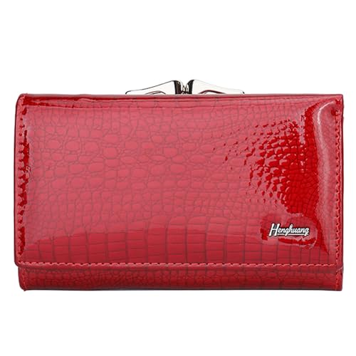 Karoukee Damen Lackleder Portemonnaie – Kleiner RFID-blockierender Kreditkartenetui, Hochglanz-Geldbörse mit Krokodilprägung, 8 Kartenfächern | Ausweisfenster | Kussverschluss-Fach - Rot von Karoukee