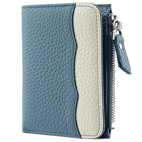Karoukee Damen Portemonnaie im Two-Tone Design, RFID-blockierende Mini-Geldbörse aus Echtem Nappaleder | 5 Kartenfächern | Reißverschlussfach | Ausweisfenster - Blau & Creme von Karoukee