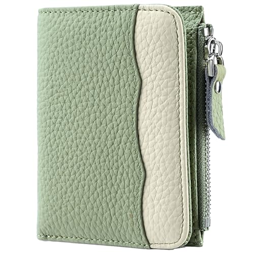 Karoukee Damen Portemonnaie im Two-Tone Design, RFID-blockierende Mini-Geldbörse aus Echtem Nappaleder | 5 Kartenfächern | Reißverschlussfach | Ausweisfenster - Grün & Creme von Karoukee