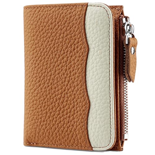 Karoukee Damen Portemonnaie im Two-Tone Design, RFID-blockierende Mini-Geldbörse aus Echtem Nappaleder | 5 Kartenfächern | Reißverschlussfach | Ausweisfenster - Orange & Creme von Karoukee