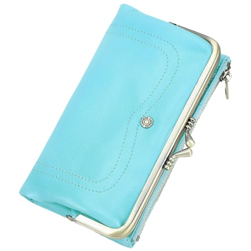 Karoukee Damen Portemonnaie mit RFID-Schutz – Elegante Ziegenleder Geldbörse mit Handyfach (für Handy bis 6,3 Zoll), 8 Kartensteckfächern | Reißverschluss-Münzfach | Rahmenverschluss - Blau von Karoukee