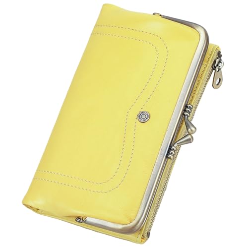 Karoukee Damen Portemonnaie mit RFID-Schutz – Elegante Ziegenleder Geldbörse mit Handyfach (für Handy bis 6,3 Zoll), 8 Kartensteckfächern | Reißverschluss-Münzfach | Rahmenverschluss - Gelb von Karoukee