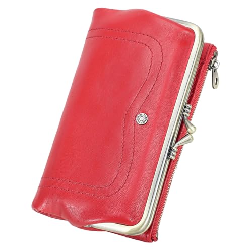 Karoukee Damen Portemonnaie mit RFID-Schutz – Elegante Ziegenleder Geldbörse mit Handyfach (für Handy bis 6,3 Zoll), 8 Kartensteckfächern | Reißverschluss-Münzfach | Rahmenverschluss - Rot von Karoukee
