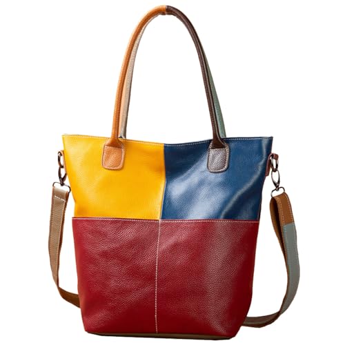 Karoukee Damen Schultertasche aus Echtleder - Große Leder Tragtasche in Mutigem Colorblock-Design | Handgefertigt Henkeltasche mit Verstellbarem Schulterriemen | Zufällige Farbvariation von Karoukee