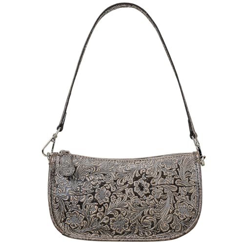 Karoukee Damen Schultertasche im Vintage-Stil mit Blumenprägung - Halbmondförmige Umhängetasche aus Echtem Rindsleder, 2 Abnehmbare Trageriemen (Leder & Gewebe) - Kaffee von Karoukee