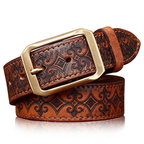 Karoukee Dickes Rindleder Herrengürtel mit Geprägtem Muster - Echtes Leder Gürtel für Herren - Klassischer Messingverschluss - Verpackt in Geschenkbox - Braun von Karoukee