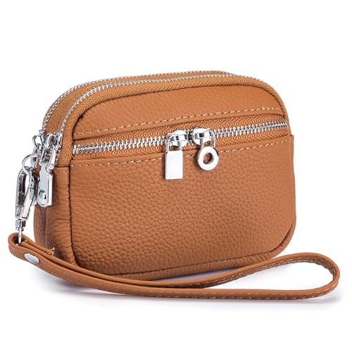 Karoukee Echtes Leder Damen Geldbörse mit Abnehmbarem Handschlaufe, Kleine Portemonnaie mit 3 Getrennten Fächern, Stilvolle Rindsleder Handgelenks-Münzbeutel(Braun) von Karoukee
