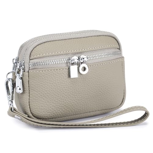 Karoukee Echtes Leder Damen Geldbörse mit Abnehmbarem Handschlaufe, Kleine Portemonnaie mit 3 Getrennten Fächern, Stilvolle Rindsleder Handgelenks-Münzbeutel(Grau) von Karoukee