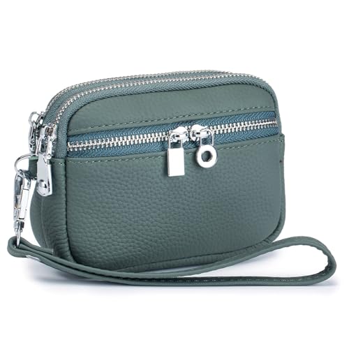 Karoukee Echtes Leder Damen Geldbörse mit Abnehmbarem Handschlaufe, Kleine Portemonnaie mit 3 Getrennten Fächern, Stilvolle Rindsleder Handgelenks-Münzbeutel(Grün) von Karoukee