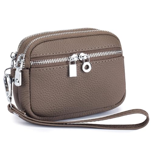 Karoukee Echtes Leder Damen Geldbörse mit Abnehmbarem Handschlaufe, Kleine Portemonnaie mit 3 Getrennten Fächern, Stilvolle Rindsleder Handgelenks-Münzbeutel(Kaffee) von Karoukee