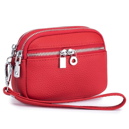 Karoukee Echtes Leder Damen Geldbörse mit Abnehmbarem Handschlaufe, Kleine Portemonnaie mit 3 Getrennten Fächern, Stilvolle Rindsleder Handgelenks-Münzbeutel(Rot) von Karoukee