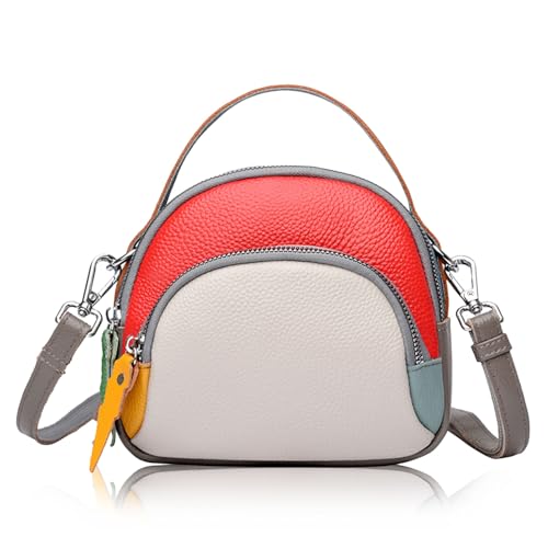 Karoukee Echtes Leder Umhängetasche für Frauen, Niedliche Farbe-Block Schultertasche, Designer Damen Handy Geldbeutel, Bunte Kleine Handtasche mit Verstellbarem Schulterriemen von Karoukee