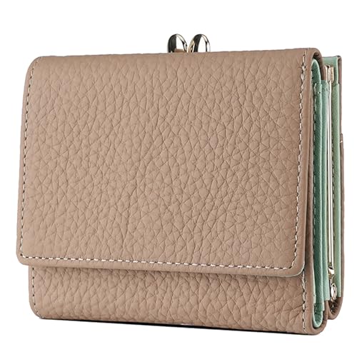 Karoukee Echtleder Mini Geldbörse für Damen | Dreifach faltbar | RFID-Schutz | 8 Kartenfächer & Münzfach mit Druckknopf | Kompakte Portemonnaie für Frauen - Khaki von Karoukee