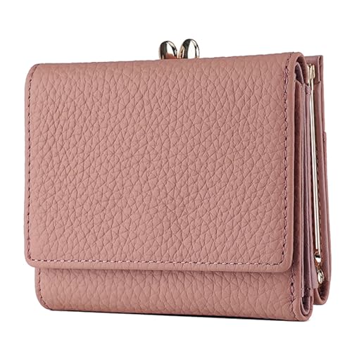 Karoukee Echtleder Mini Geldbörse für Damen | Dreifach faltbar | RFID-Schutz | 8 Kartenfächer & Münzfach mit Druckknopf | Kompakte Portemonnaie für Frauen - Rosa von Karoukee