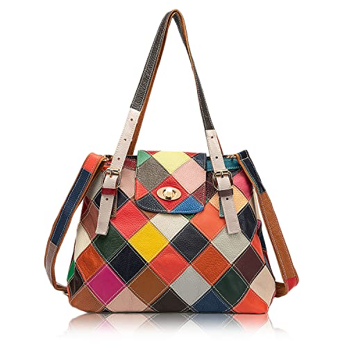 Karoukee Frauen Patchwork Handtasche mit Top Handle, Einzigartige Rindsleder Umhängetasche, Bunte Mittlere Schultertasche, Mode Henkeltasche für Damen von Karoukee