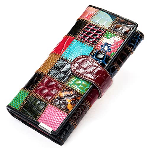 Karoukee Handgefertigte Patchwork Große Trifold Geldbörse für Frauen, Bunt Damen Kreditkartenetui Brieftasche aus echtem Leder, Handy Clutch Geldbörse mit 3 Ausweisfenster & Reißverschlussfach von Karoukee