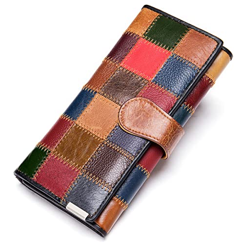 Karoukee Handgefertigte Patchwork Große Trifold Geldbörse für Frauen, Bunt Damen Kreditkartenetui Brieftasche aus echtem Leder, Handy Clutch Geldbörse mit 3 Ausweisfenster & Reißverschlussfach von Karoukee