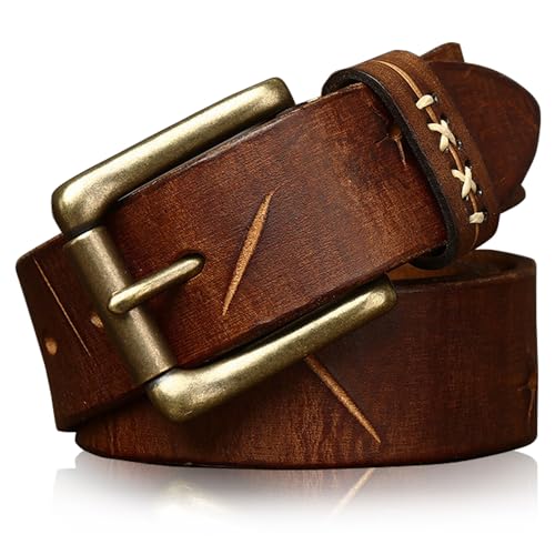 Karoukee Handgefertigter Gealterter Ledergürtel für Männer - Lässiger Vollnarbenleder Herrengürtel - Robuster Herren Mode Gürtel - 3.8 CM Breit - Schwere Messingschnalle von Karoukee