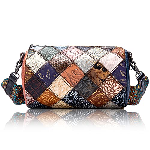 Karoukee Kleine Damen Umhängetasche mit Patchwork Design, Retro Geprägte Leder Schultertasche Crossbody Tasche Geldbörse für Frauen, Kleine Barrel Bag mit Abnehmbarem Breiten Riemen von Karoukee