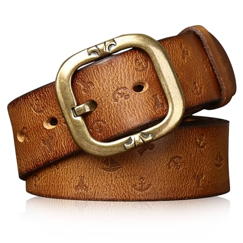 Karoukee Langlebiger Vollnarbenleder Gürtel für Herren, Handgefertigter Geprägter Herrengürtel, Modisch Ledergürtel mit Gravierte Messing Dornschließe, 3.8 CM Breit von Karoukee