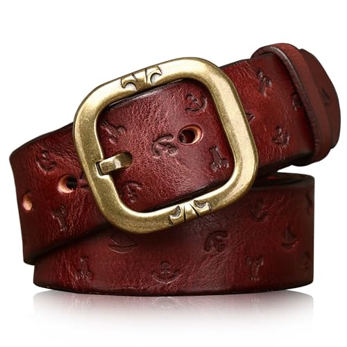 Karoukee Langlebiger Vollnarbenleder Gürtel für Herren, Handgefertigter Geprägter Herrengürtel, Modisch Ledergürtel mit Gravierte Messing Dornschließe, 3.8 CM Breit von Karoukee