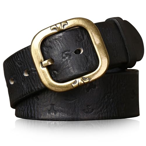 Karoukee Langlebiger Vollnarbenleder Gürtel für Herren, Handgefertigter Geprägter Herrengürtel, Modisch Ledergürtel mit Gravierte Messing Dornschließe, 3.8 CM Breit von Karoukee