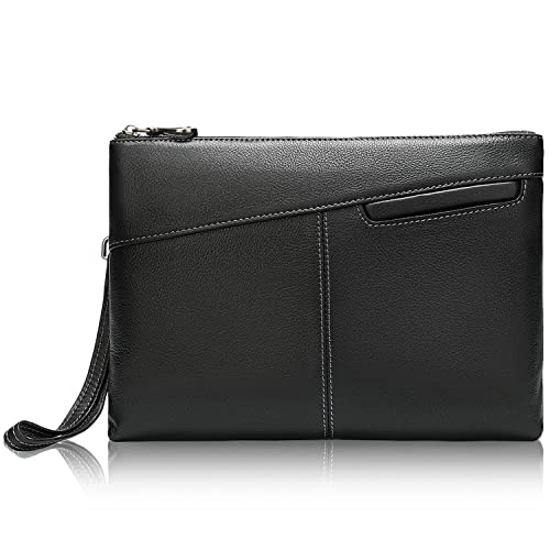 Karoukee Luxuriöse Herren Clutch Handtasche aus hochwertigem Narben Leder, Formell Große Business Unterarmtasche mit Handschlaufe, Handheld Kupplungstasche für Handy und Tablet bis zu 9,7 Zoll von Karoukee