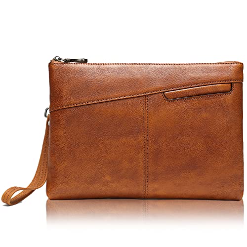 Karoukee Luxuriöse Herren Clutch Handtasche aus hochwertigem Narben Leder, Formell Große Business Unterarmtasche mit Handschlaufe, Handheld Kupplungstasche für Handy und Tablet bis zu 9,7 Zoll von Karoukee