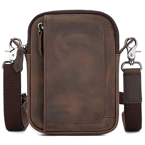 Karoukee Mini Handytasche für Herren, klassische Crazy Horse Leder Umhängetasche, Vintage Look Herrentasche, Lässige Schultertasche, Gürteltasche mit Verstellbarem Riemen & Gürtelschlaufe von Karoukee