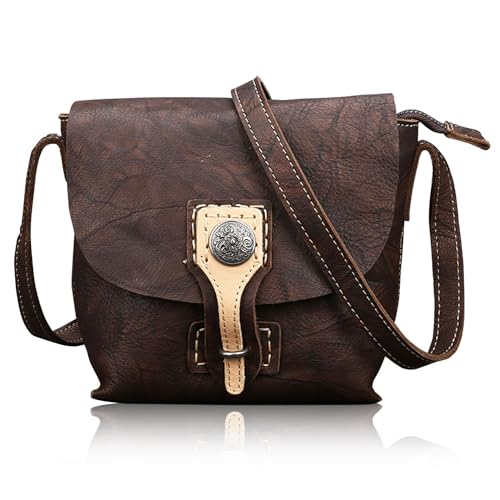 Karoukee Vintage Echtleder Umhängetaschen für Frauen, Western-Stil Schultertasche, Kleine Damen Handtasche mit Verstellbarem Schultergurt, Kaffee von Karoukee