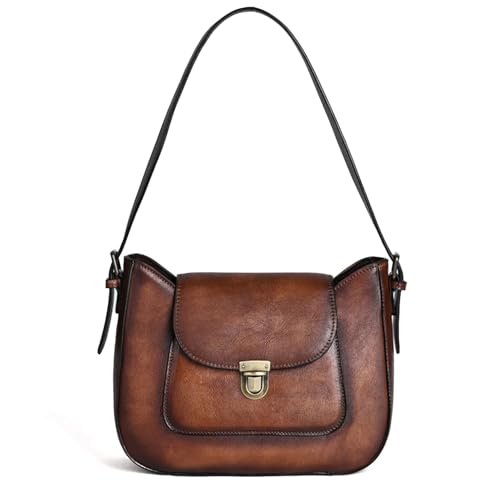 Karoukee Vintage Schultertasche für Frauen, Echtes Leder Damen Handtasche, Mittlere Umhängetasche, Reißverschluss & Schnallen Verschluss, Kaffee von Karoukee